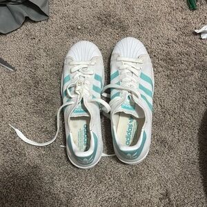 Adidas superstar mint teal clamshell white mesh knit sneakers